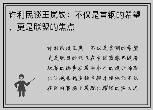 许利民谈王岚嵚：不仅是首钢的希望，更是联盟的焦点