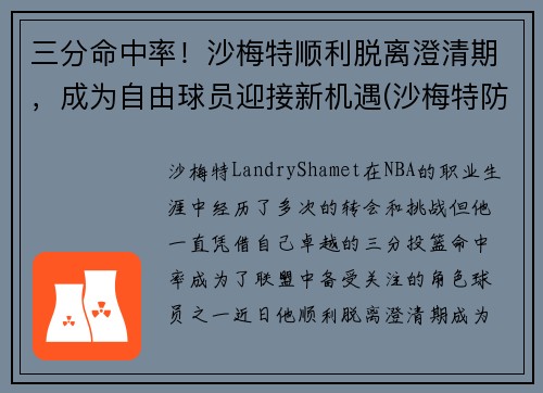 三分命中率！沙梅特顺利脱离澄清期，成为自由球员迎接新机遇(沙梅特防守怎么样)