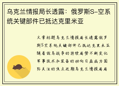 乌克兰情报局长透露：俄罗斯S-空系统关键部件已抵达克里米亚