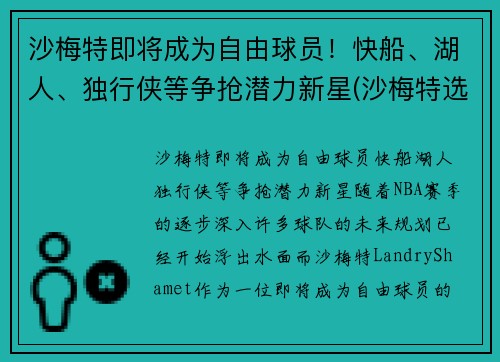 沙梅特即将成为自由球员！快船、湖人、独行侠等争抢潜力新星(沙梅特选秀)