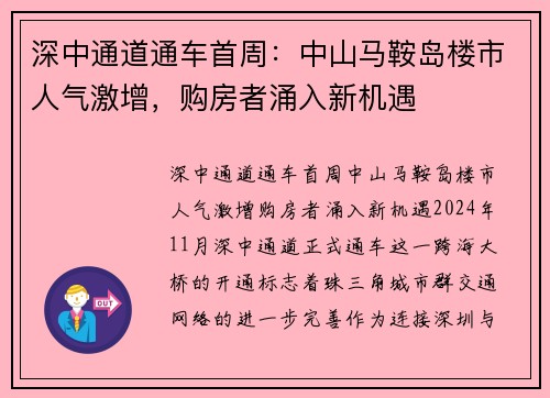 深中通道通车首周：中山马鞍岛楼市人气激增，购房者涌入新机遇
