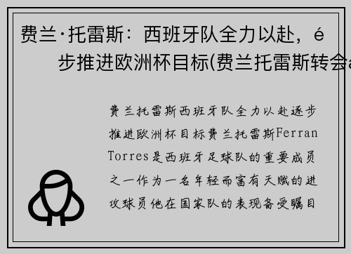 费兰·托雷斯：西班牙队全力以赴，逐步推进欧洲杯目标(费兰托雷斯转会曼城)
