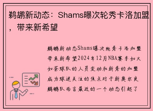鹈鹕新动态：Shams曝次轮秀卡洛加盟，带来新希望