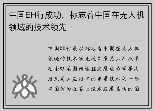 中国EH行成功，标志着中国在无人机领域的技术领先
