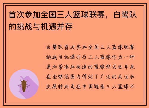 首次参加全国三人篮球联赛，白鹭队的挑战与机遇并存